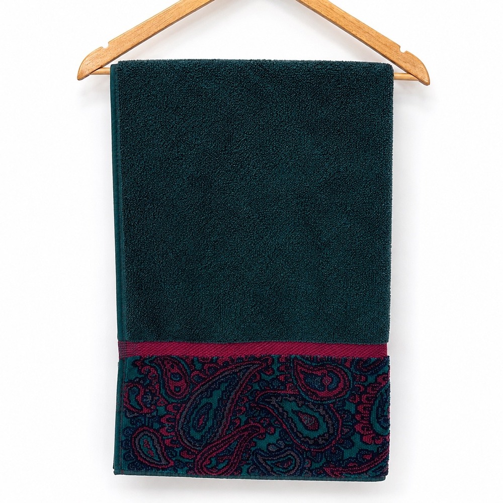 VTG Royal Velvet Fieldcrest Teal Paisley Border Bath Towel 100% Cotton Made USA